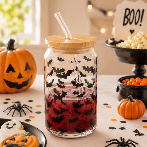Partybecher "Ghostie" 440 ml aus Glas mit Bambusdeckel