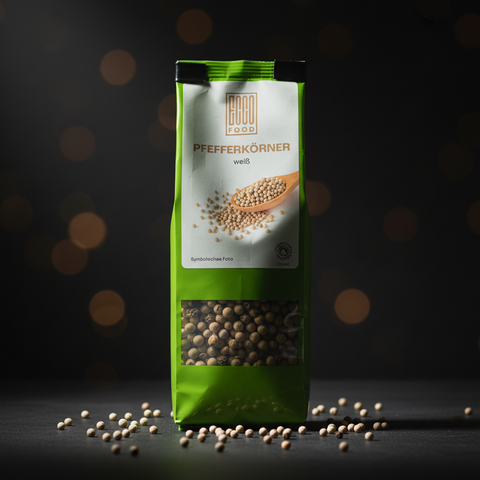 Ein lebendiger grüner beutel ecco food pfefferkörner weiß 50g mit durchsichtigem fenster und runden weißen körnern