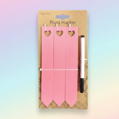 Pflanzenmarker-set 4tlg mit pinken herzförmigen markierern auf karton und weißem schwarzem marker