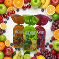 Drei bunte glänzende plastikbeutel roshen bonny fruit gummy candies in orange, grün und lila 200 g