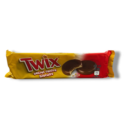 Twix soft secret 132g verpackung mit gelb rotem glänzendem design und bild eines schokoladenüberzogenen kekses mit karamellfüllung