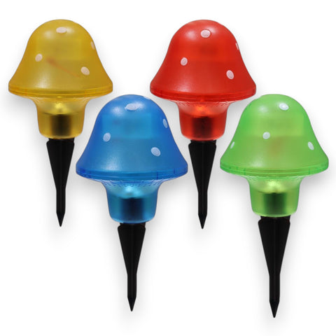 Bunte pilz solar-lampe in gelb, rot, blau und grün mit weißen punkten für den garten, 10x10x23cm groß