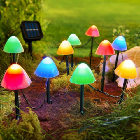 Bunte pilzförmige led solar gartenleuchten mit transluzenten kapseln in grün blau rot und gelb 10er-set rgb