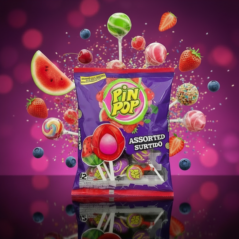 Ein lebhaft violetter Beutel PinPop Lolly Frucht-Mix mit glänzenden, fruchtfarbenen gemischten Lutschern