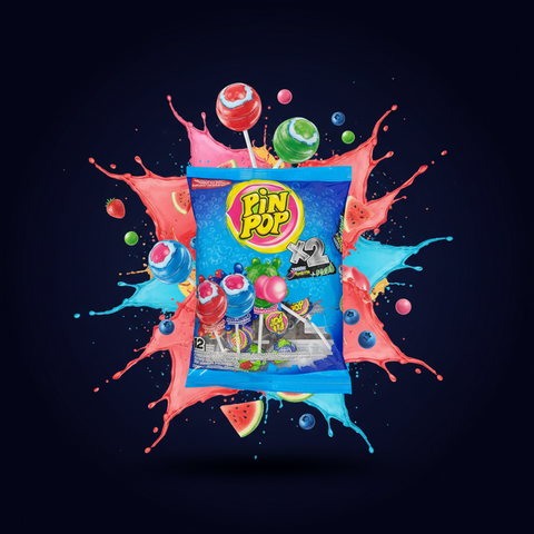 Ein lebhaftes blaues paket pinpop lollys x2 mit bunten fruchtgeschmack-lutscherstäbchen und verspieltem spritzdesign