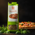 Grüne ecco food pizzagewürz 25g packung mit durchsichtigem fenster zeigt getrocknete kräuter und gewürze