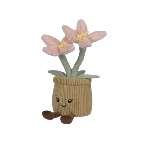 Plüschblume mit 2 blüten beige gerippter kuscheliger pflanzentopf mit grünem stängel und zwei rosa blüten