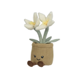 Plüschblume mit 2 weißen tulpen in beige geripptem weichem topf mit lächelndem gesicht und grünen stielen