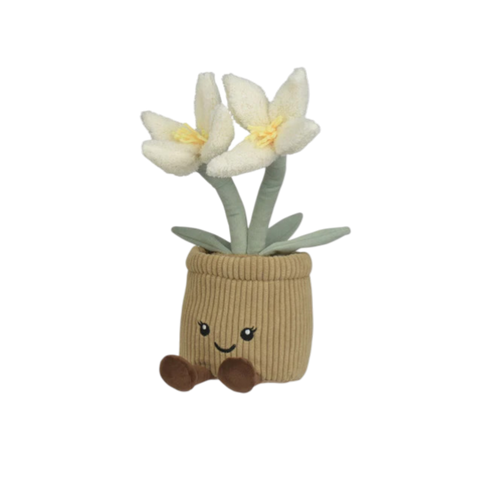 Plüschblume mit 2 weißen tulpen in beige geripptem weichem topf mit lächelndem gesicht und grünen stielen