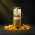 Grüne verpackung von gdo foods pommes frites würzmischung 100g mit transparentem fenster und orangefarbener würze