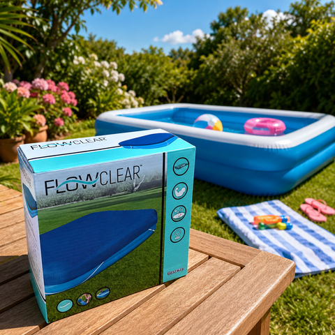 Blaue flowclear aufblasbare poolabdeckung 305x183x56 cm im karton auf holztisch im freien liegend