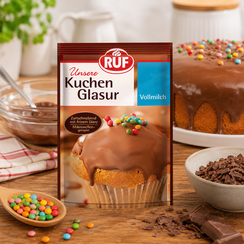 A red and white packet of ruf chocolate glaze vollmilch 100g with a cupcake topped with colorful sprinkles