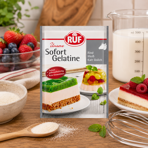 Ruf sofort gelatine rind weiß 30g packung mit bunten desserts auf weiß-rotem design