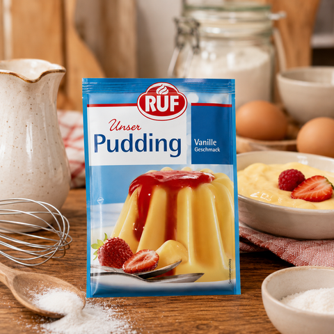 Ruf pudding vanille 5x37g blaue und weiße packung mit gelbem vanillepudding und roter erdbeersauce