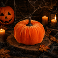 Orange samt-kürbis mit dunkelbraunem stiel in der größe 7x4 cm für herbstliche dekoration