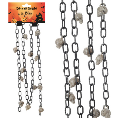 Schädel-kette 150 cm mit schwarzer kette und kleinen durchsichtigen grauen schädelanhängern