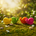 Schnecke vier bunte plüsch schneckenfiguren in gelb grün orange und rosa auf moosboden angeordnet