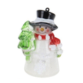 Weißer schneemann mit led 10cm mit schwarzem zylinder, rotem schal und grünem baum als handdekoration