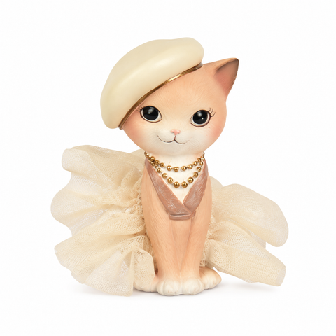 A charmante pfirsichfarbene keramikkatze katze 6.8x6.4x12cm mit cremefarbenem barett und perlenketten