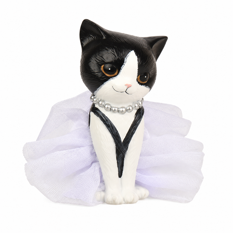 Katze 6.8x6.4x12cm schwarz-weiße katzenfigur mit perlenkette und weißem tüllrock aus kunststoff