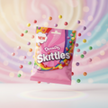 Pink skittles desserts 152g tasche mit regenbogendesign und bunten bonbons schweben darum