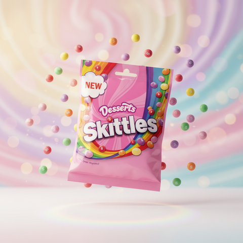 Pink skittles desserts 152g tasche mit regenbogendesign und bunten bonbons schweben darum