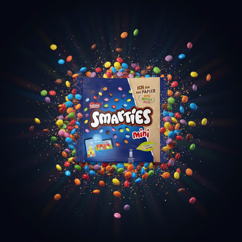 Eine lebendige blaue und beigefarbene nestlé smarties minis 158g packung gefüllt mit bunten runden bonbons