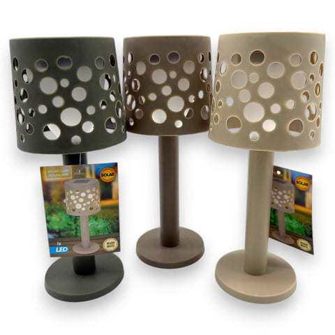 Solartischlampe 9x9x21cm mit zylindrischem schirm und kreisausschnitten in dunkelgrau, braun und beige aus kunststoff
