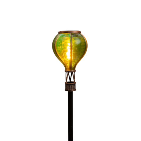Solar gartenstecker luftballon mit flammeneffekt grün mit messingfarbenem metallrahmen und basis leuchtet
