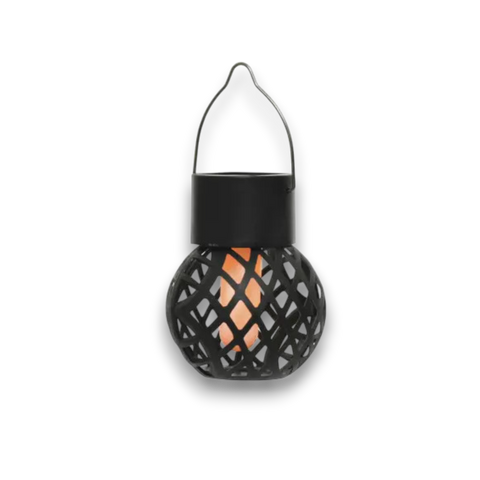 Schwarze solar-hängelampe aus geflochtenem material mit flammen-effekt und warm orangefarbenem leuchten