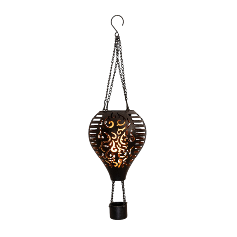 Schwarzer metall solar luftballon mit flammeneffekt und goldfarbenen kunstvollen ausschnitten 10led 38x12,7cm