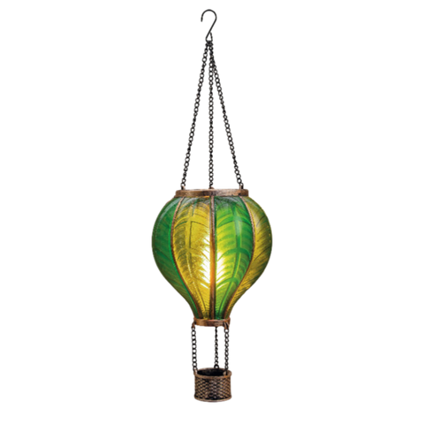 Solar luftballon mit flammeneffekt 20led grün hängend mit grün-gelbem glas und blattmuster, geflochtener korb unten