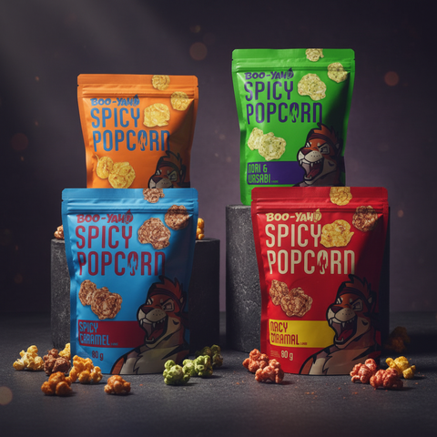 Vier bunte tüten boo-yah spicy popcorn mit tiger-motiv in den geschmacksrichtungen karamel, nori und wasabi 80 g