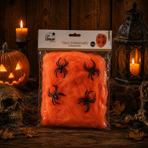 Spinnenweben orange mit vier Spinnen