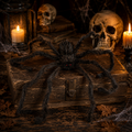 A large black and brown fuzzy spider with red eyes on a weathered wooden chest measuring 128 cm