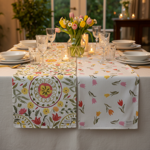 Zwei tischläufer blumen mit floralen mustern in rot gelb und tulpen in rosa orange und gelb auf weißem grund