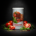 Weiße zylindrische dose coco food tomaten würzmischung 125g mit abbildung von roten tomaten und grünem basilikum