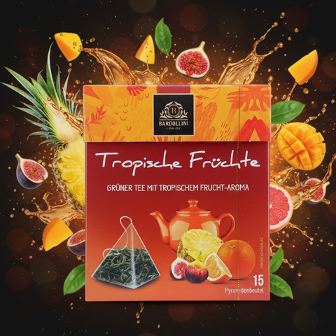 Bardollini tropische früchte grüner tee pyramidenbeutel mit tropischem fruchtaroma in orange-roter box mit mango, feige, ananas, orange