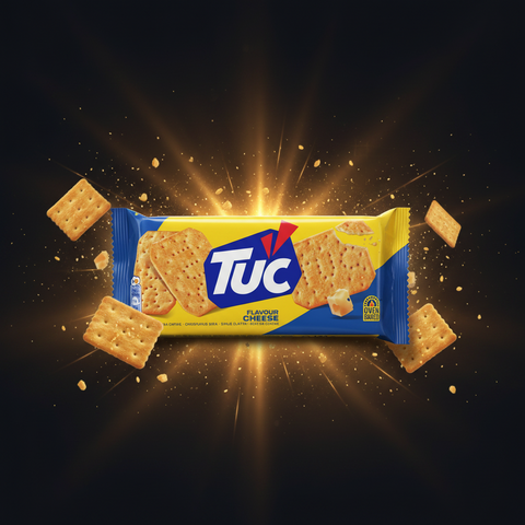 Ein leuchtend gelbes und blaues paket tuc käsecracker mit bold logo und goldbraunen, ofenfrischen quadratischen keks