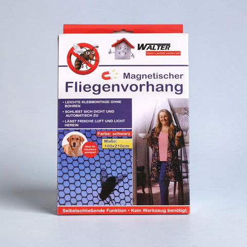 Schwarzer magnetischer fliegenvorhang von walter mit sechseckigem gitter und selbstschließfunktion