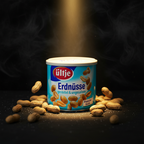 Eine blaue und weiße dose ültje erdnüsse geröstet ungesalzen 180g mit rotem logo und erdnussabbildungen