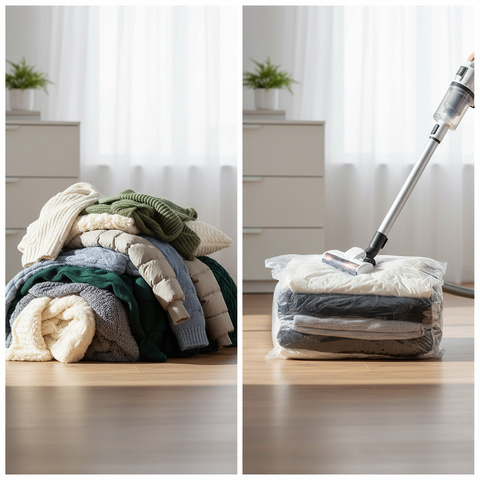 Silber-schwarzer kabelloser handstaubsauger mit transparentem staubbehälter für vacuum verstau-sack 80x60cm