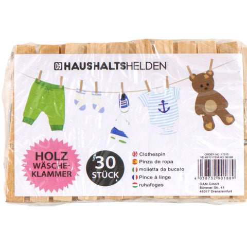 Set aus 30 hellbraunen holz wäscheklammern im klaren kunststoffverpackung