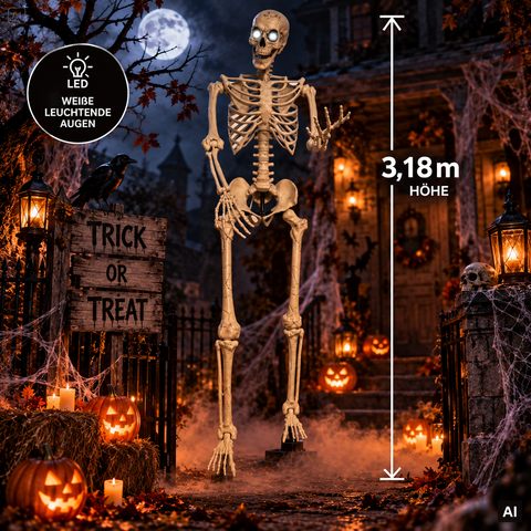 Xxl led-skelett 3,18 m beige plastik halloween außenbeleuchtung mit weißen led-augen von a1