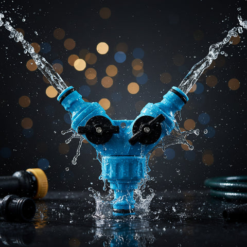 Blauer plastischer y wasseranschluss 2-wege gartenschlauchverteiler mit schwarzen drehknöpfen