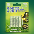 Vier weiße gadcell aa nimh akkus 600mah 1,2v im grünen blisterpack geeignet für solarleuchten