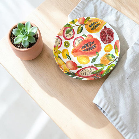Weiße keramikschale schale fruchtmuster xl mit bunter illustration von papaya, drachenfrucht, granatapfel und kiwi