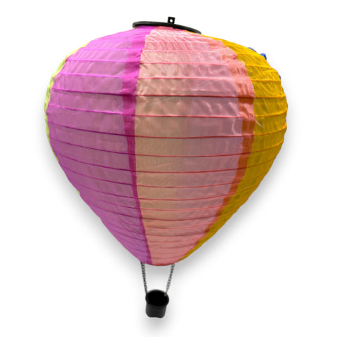Solar led heißluftballon aus papier mit korb und flackereffekt in pink, pfirsich und gelb, durchmesser 30 cm