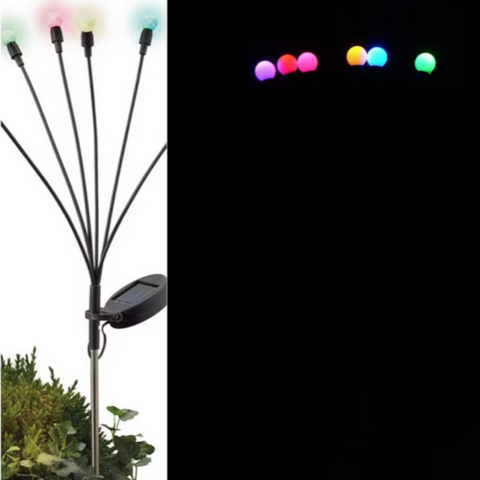 Schwarze solar glühwürmchen-leuchte mit fünf schlanken armen und bunten led-lampen für gartenbeleuchtung