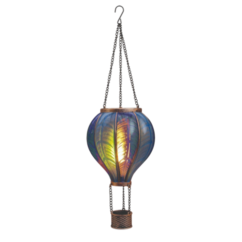 Solar luftballon mit flammeneffekt 20led in blau mit irisierenden glasplatten und kupferfarbenem rahmen und korb
